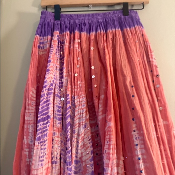 Boho Tie Dye Sequin Crinkle Maxi Skirt Pink Purple Elastic Waist Festival S/M - Picture 5 of 7